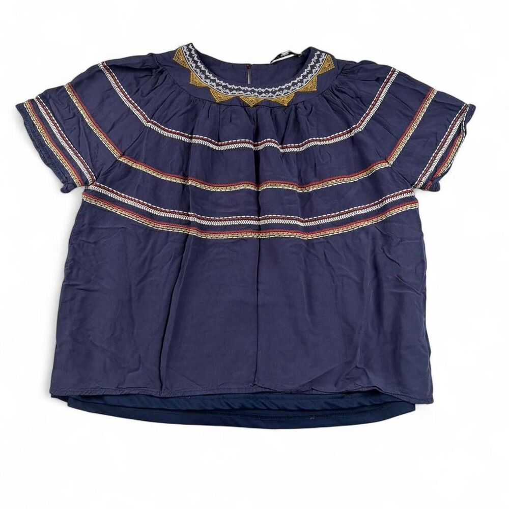 Polagram Women’s Navy Blue Blouse Gold & White Embroidery Size Small